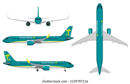 realistic big passenger airplane. view from above; front view; side view.