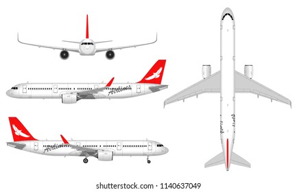 realistic big passenger airplane. view from above; front view; side view.