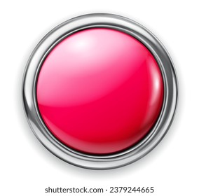 Realistic big pink plastic button with thin shiny metallic border. With shadow on white background