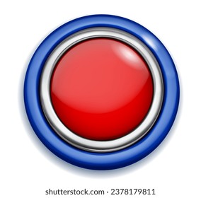 Realistic big plastic button with shiny metallic and colored borders. In the national colors of the American flag. With shadow on white background