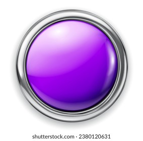 Realistic big purple plastic button with thin shiny metallic border. With shadow on white background