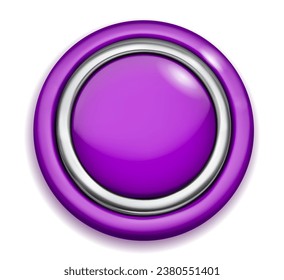 Realistic big purple plastic button with shiny metallic and colored borders. With shadow on white background