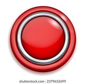 Realistic big red plastic button with shiny metallic and colored borders. With shadow on white background