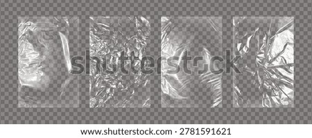 Realistic big set of transparent plastic polyethylene bags overlay. Wrapping packaging vinyl texture. Vector illustration