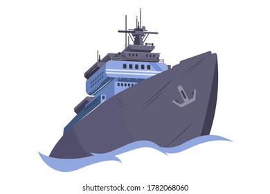 Realistic big ship vector illustration. Cruise in ocean or sea flat style. Worldwide cargo ship on waves. Transportation logistic and shipping concept. Isolated on white background