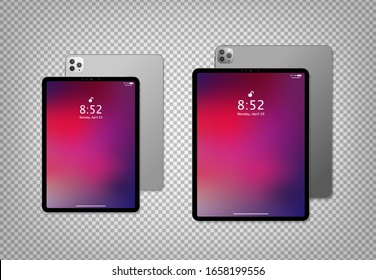 Realistic big and smile new 2020 tablet computer mockup design with abstract colored geometric wallpaper. Modern tablet PC isolated on transparent background. Vector Illustration