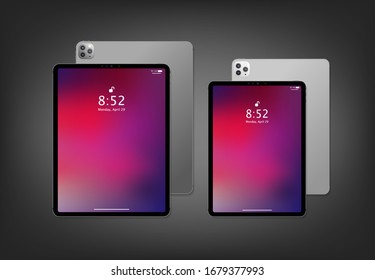Nuevo diseño de maqueta de tableta grande y sonriente con fondo geométrico de color abstracto. Ordenador comprimido moderno aislado en fondo gris oscuro. Ilustración vectorial