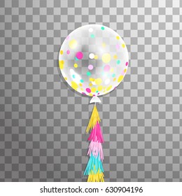 Realistic Big transparent balloon with colorful confetti, trendy Tassel Garland isolated.  Party decorations for birthday, anniversary, celebration, event design. Vector illustration.