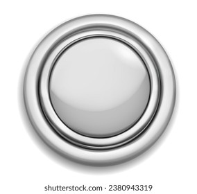 Botón de plástico blanco grande y realista con bordes metálicos brillantes y coloreados. Con sombra sobre fondo blanco