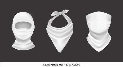 Realistic biker and cowboy clothing. Clothes and accessory protecting face and neck. White scarf on the neck and face, balaclava, neckerchief vector isolated