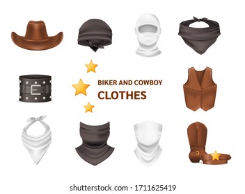 Realistic biker and cowboy clothing. Cowboy clothes leather hat, vest, boots, belt. Biker silk headband bandana scarf helmet wristband bandage. Protecting face and body vector isolated