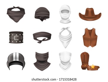 Realistic biker and cowboy clothing. Cowboy clothes leather hat, vest, boots, belt. Biker silk headband bandana scarf helmet wristband bandage. Protecting face and body. Wild west element vector