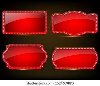 Realistic billboard on dark background wall, led lights frame. Vintage signboard, cinema , billboard with lightbulp vector illustration.