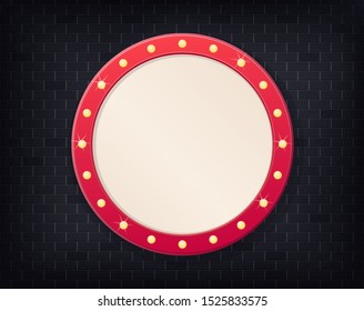 Realistic billboard on dark brick background wall, led lights frame. Vector