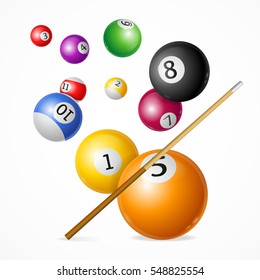 Realistic Billiard Ball with Cue Concept Ready for Cards, Posters Playing Sport Game. Vector illustration