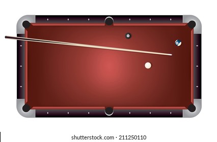 A realistic billiards pool table illustration. Red felt top with contemporary composite black rails, stick, and balls. Vector EPS 10. Vector file contains transparencies and gradient mesh.