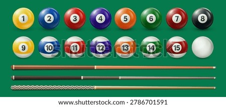 Realistic billiards set with pool balls and cue sticks on green table background for sports, gaming, snooker and recreation