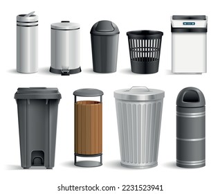 Realistic bin trash bucket set with isolated images of various waste containers for different use situations vector illustration