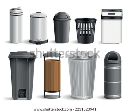 Realistic bin trash bucket set with isolated images of various waste containers for different use situations vector illustration