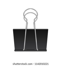 Realistic binder clip isolated on white background. Black metal paper clip icon. School and office supplies . Stationery vector illustration. Easy to edit template for your design projects.