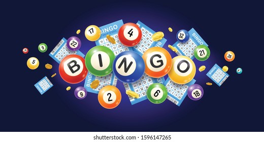 Realistic bingo composition with images of numeric lottery balls with tickets and golden money coins vector illustration