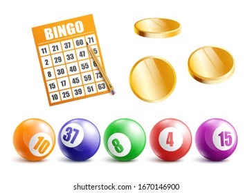 Realistic bingo equipment set - card board, golden coin chips and balls with numbers. Gambling lottery game objects isolated on white background, vector illustration.