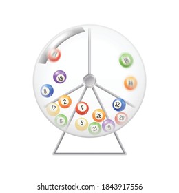 Realistic bingo lottery lotto composition with isolated image of transparent rotating drum with colorful balls vector illustration