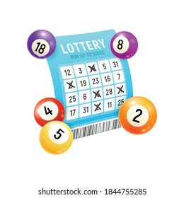 Realistische Bingo Lotterie Lotto Zusammensetzung der Ziehung nummerierte Kugeln und Ticket mit gekreuzten Zahlen Vektorgrafik