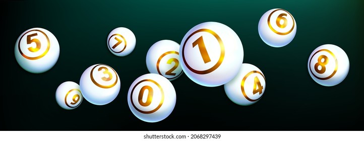 Realistic bingo lotto game ball of winning combination. Lottery or keno gambling games. White shiny balls with golden text of numbers isolated on dark background. Gaming leisure activity concept.