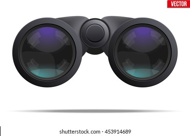 Realistic Binoculars. Optic and lens theme. Original design and Front view. Editable Vector illustration Isolated on white background.