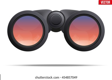 Realistic Binoculars with sunset reflection on lens. Original design and Front view. Editable Vector illustration Isolated on white background.
