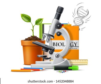 Realistic biology concept with microscope, green plant seedling in ceremic pot on background of books and stationery. Vector Molecular bio technologies in laboratory, back to school design.