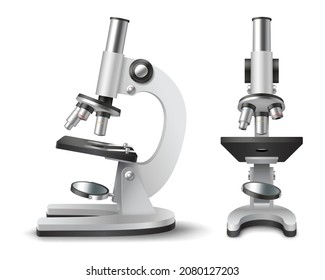 Realistisches Biologiemikroskop, Seite- und Frontansicht. 3d Wissenschafts- und Medizininstrumente einzeln auf weißem Hintergrund, Laborchemie und optische Ausrüstung für Biologie. Vektorgrafik