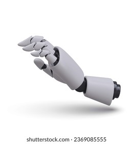 Realistic bionic prosthesis. Mechanical hand. Robotic palm with flexible fingers. Vector image with reflections and shadows. Symbol of innovation. Illustration on white background