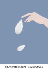 Realistic bird feathers and elegant female hand - in isolation - vector