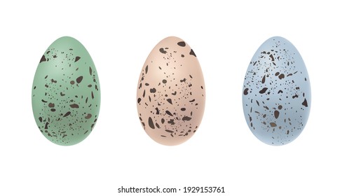 Realistic bird's blue, pink and green speckled eggs. Quail Easter eggs for holiday celebration design. Vector illustration in realistic style isolated on white background.