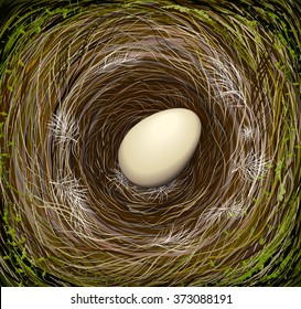 realistic bird`s nest with one big egg, Easter in nature, vector