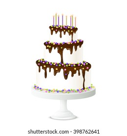 Realistic birthday cake with chocolate icing candles and sweet drops vector illustration 