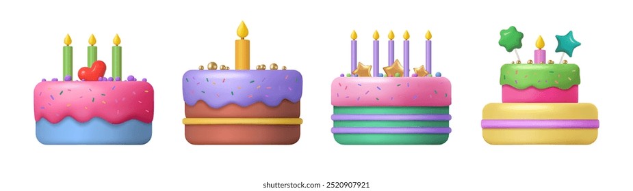 Realistic birthday cakes with burning candles, glazing and festive chocolate sprinkles. Vector isolated variety of sweet desserts for holiday celebrations. Cafe or bakery assortment of food