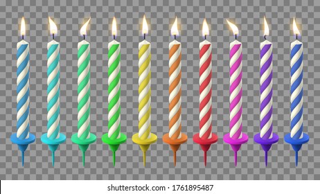 Realistic birthday candles. Birthday cake candlelight, holidays flaming wax candle. Party celebration colorful candles vector illustration set. Candle birthday with candlelight, holiday fire