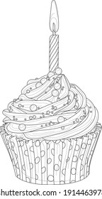 Realistic birthday cupcake with candle sketch template. Cartoon graphic vector illustration in black and white for games, background, pattern, decor. Coloring paper, page, story book. Print for fabric