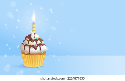 Realistic birthday cupcake with sprinkles and one birthday cake candle on a blue background with bokeh effect with copy space on the side. 3d vector illustration