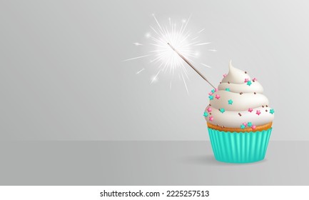 Realistic birthday cupcake with sprinkles and sparkler on background with copy space on the side. 3d vector illustration