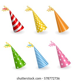 Realistic birthday hats set isolated on white background. Party hat collection. Festive fun decoration