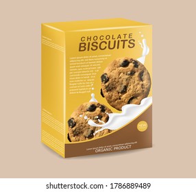 Realistic biscuits packaging, delicious cookies with chocolate, sweet dessert, vector illustration, packaging mockup, 3d box 