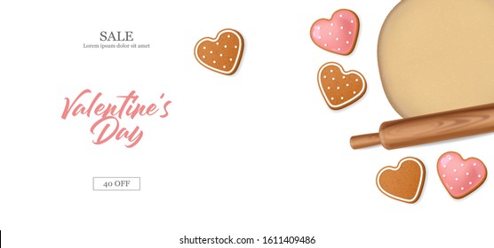 Realistic biscuits, pink heart isolated, delicious dessert, love concept, valentines day, party banner, sale card vector illustration