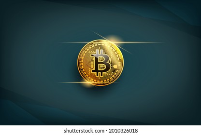 Realistic bitcoin coin, A precious golden crypto currency coin with light reflect icon symbol isolated on dark blue background. Realistic vector illustration.