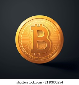 realistic bitcoin coin with shadow on dark