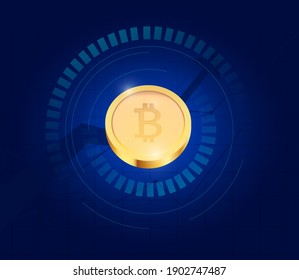 realistic bitcoin on dark blue background vector illustration 