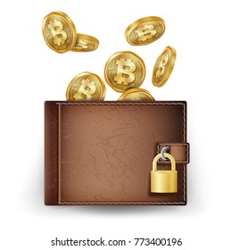 Realistic Bitcoin Wallet Vector. Brown. Cryptography Finance Coin Icons. Digital Currency. Locked With Padlock. Money. Top View. Finance Secure Concept. Isolated On White Background Illustration
